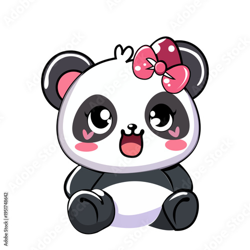 Adorable cartoon baby panda with a pink bow and heart-shaped cheek details.