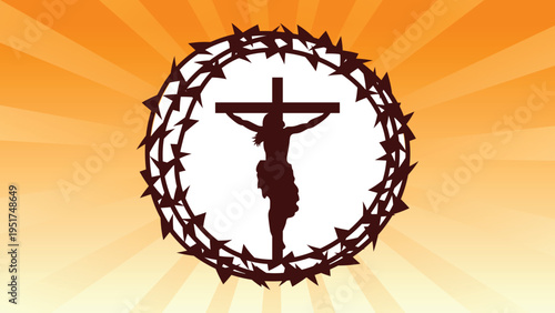 A symbolic representation of Jesus Christ on the cross surrounded by a crown of thorns with a radiant orange background