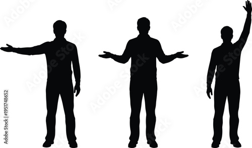 Black silhouettes of a professional man showing various hand gestures, pointing aside, shrugging in doubt, and raising hand for attention.