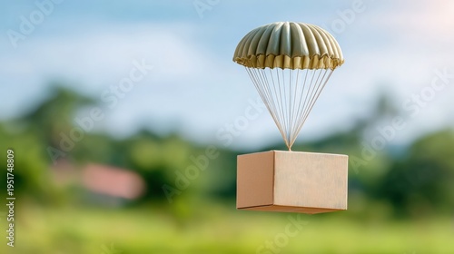 Parachute package delivery on a sunny day in a green landscape