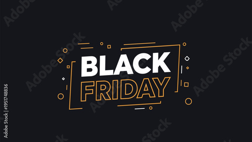 Stylish Black Friday promotional logo with white and gold text inside a rectangular frame on a dark black textured background.