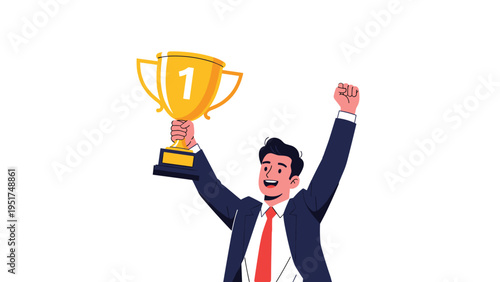 Proud businessman in a suit raising a number one gold trophy and his fist in celebration of being the best in his professional field.