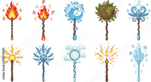 Fantasy elemental magic staffs with fire water earth air lightning and ice powers cartoon vector illustration set