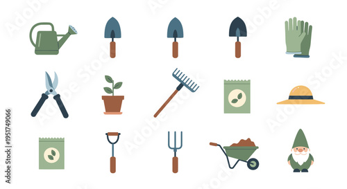 Gardening scene with various tools and accessories on display