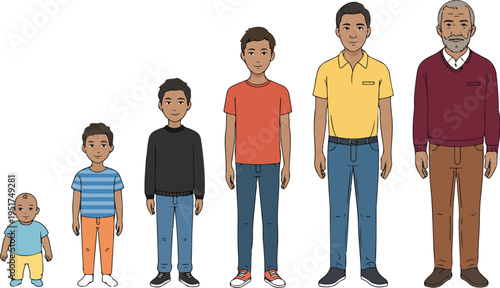Male character aging process from baby to senior man showing different stages of life and growth in flat vector style.