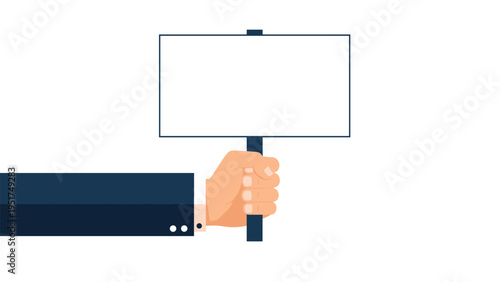 Hand of a businessman in a dark suit holding a blank white square sign for advertising, news, or protest messages.