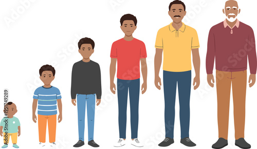 Male character aging process from baby to senior man showing different stages of life and growth in flat vector style.