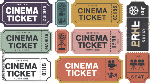 Vintage retro cinema ticket collection set with colorful pastel labels for movie theater events show entry and entertainment branding.