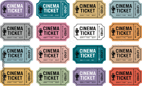Vintage retro cinema ticket collection set with colorful pastel labels for movie theater events show entry and entertainment branding.