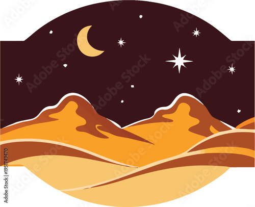 A blue night landscape vector illustration featuring snowy mountains and a glowing moon reflecting over a cold winter sea with gentle waves and icy clouds