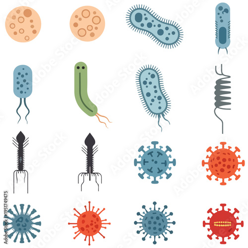 Microorganism Virus Bacteria Flat Vector Icon Set