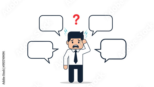 Confused and sweating businessman with question mark above head and empty speech bubbles for communication concept.