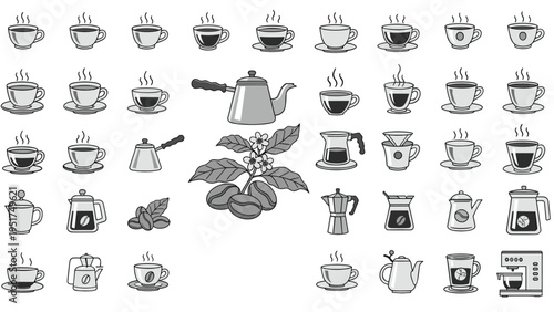 Collection of monochrome coffee related icons including cups, pots, and beans for various cafe or breakfast themes.