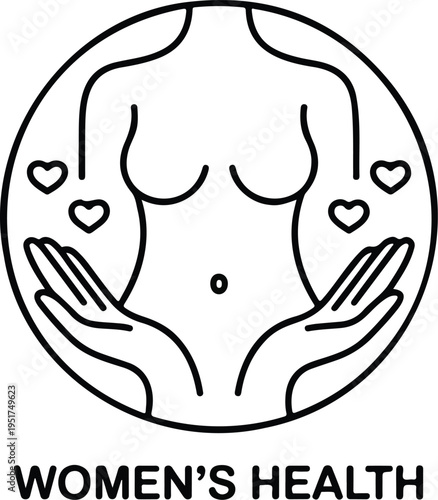 Minimalist line art woman health logo icon featuring female torso with hearts and supportive hands for medical wellness branding.