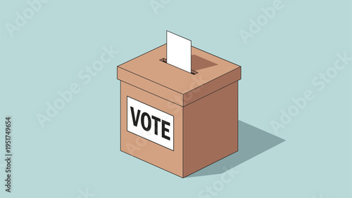 Isometric view of a wooden ballot box labeled vote with a white paper sheet being inserted during democratic elections.