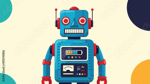 Cute blue retro robot character with colorful battery status bar and analog meter on a plain yellow background.