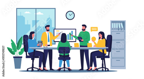 A group of people are meeting around a conference table in an office