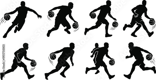 Dynamic silhouettes of basketball players dribbling and running with ball, showcasing speed, agility, motion, and athletic performance
