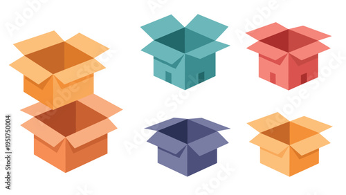Set of colorful open cardboard boxes in isometric perspective for moving, storage, logistics, or shipping concepts.