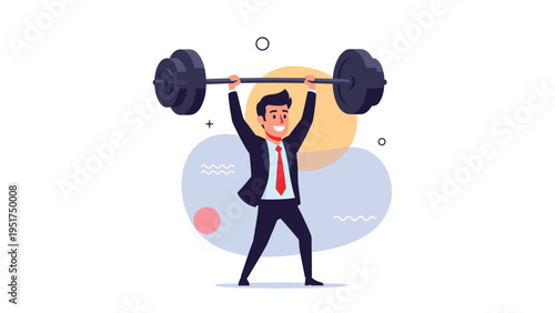 Determined businessman lifting a heavy barbell with weights above his head representing inner strength and success.