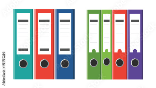 Group of colorful ring binder folders for office documents organization and archiving on a plain white background.