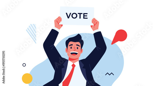Excited man in suit holding up a white board with vote text for political election campaign and civic motivation.