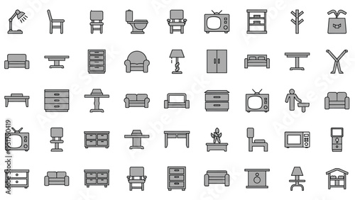 Large set of gray furniture icons for interior design planning including chairs, tables, desks, and cabinets.