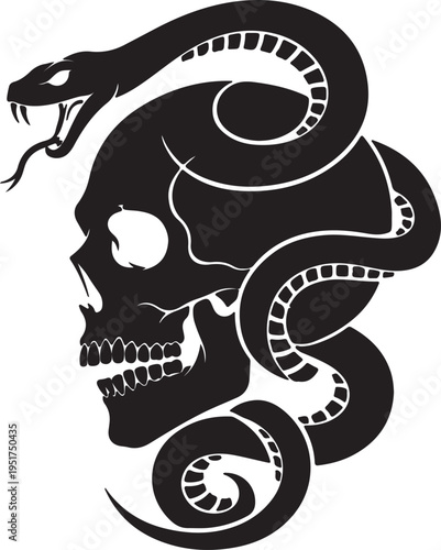 Black silhouette of a human skull with a venomous snake coiled around it, in a graphic tattoo style.