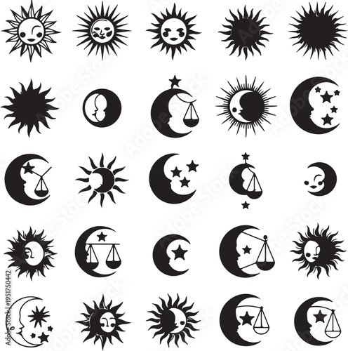 A collection of black and white celestial symbols featuring suns, crescent moons, stars, and Libra scales in various stylized designs.