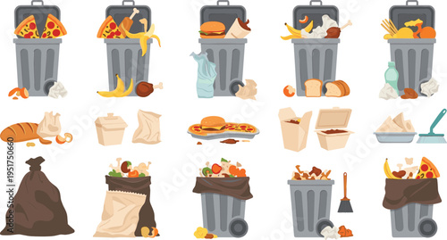 Food waste and garbage disposal concept with trash bins leftover food scraps recycling hygiene cartoon vector illustration set