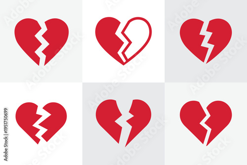Red Broken Heart Icon Set Vector Illustration - Heartbreak Symbols for Divorce and Separation Isolated on White

