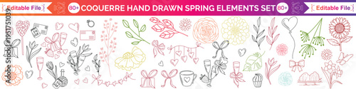 Coquette hand drawn Spring elements. Minimalist art sketch whimsical lines. Vector blossom meadow and garden flowers, bows, floral décor, watering can, bird, leaves and herb, strawberry, icon set.
