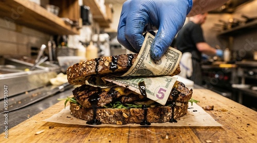 Gourmet Sandwich Filled with Dollar Bills and Oil Sauce Surreal Food Concept