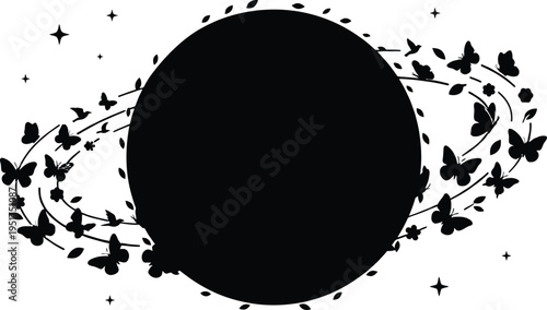 Silhouette of a planet with swirling rings made of flying butterflies and falling leaves for surreal cosmic nature ecology and environmental conservation awareness.