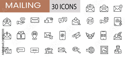 Mailing and courier service line 36 icon set featuring envelope and delivery message for global communication and more vector illustration or editable stroke