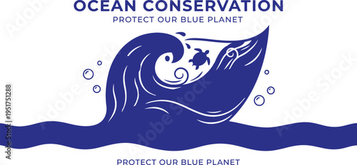 Ocean conservation concept showing a blue wave forming a whale silhouette with a sea turtle inside to protect our blue planet and promote marine ecology awareness.