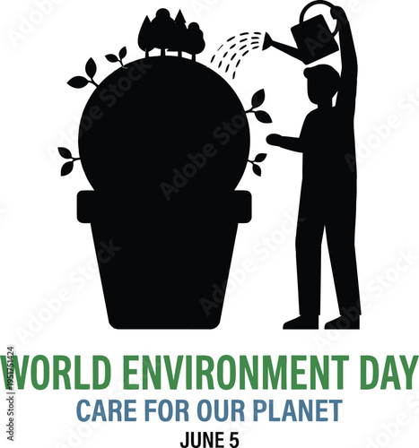 Silhouette of a man watering an earth globe in a plant pot for World Environment Day to promote care for our planet ecology and nature conservation on June fifth.