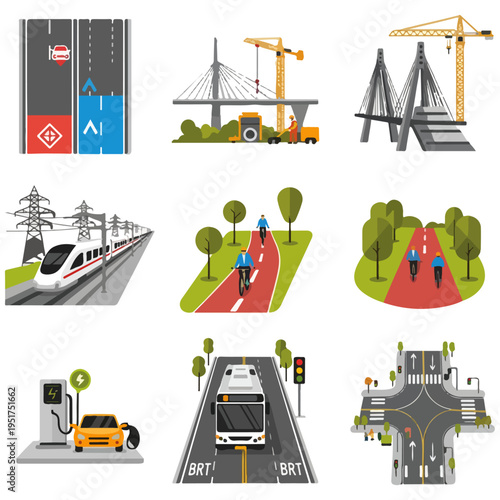 Urban Transportation and Infrastructure Flat Vector Icon Set