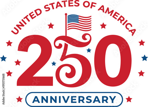 Usa 250th anniversary logo with american flag and stars on white background