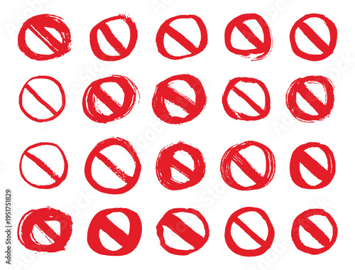 A collection of red prohibition signs on a white background