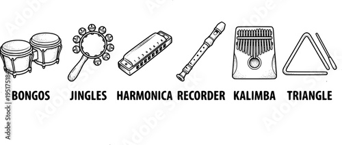 Hand drawn line art vector set of small percussion and wind instruments including bongos jingles bell harmonica recorder kalimba icons