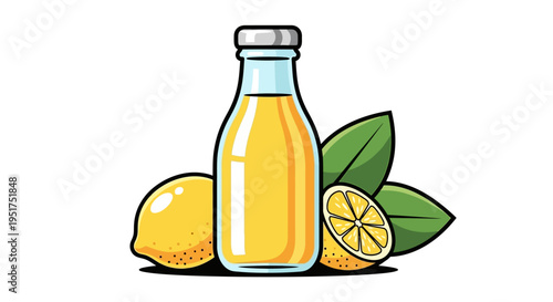 Illustration of a glass bottle of orange juice with lemons and leaves on a white background