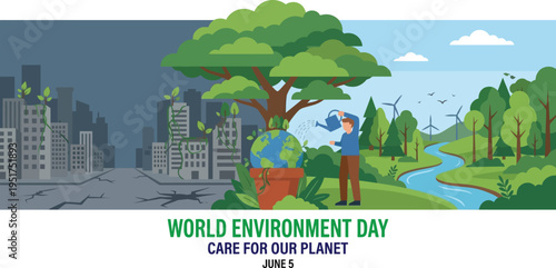 World Environment Day poster showing contrast between a ruined polluted city and healthy green nature while a man waters an earth globe to save the planet ecology.