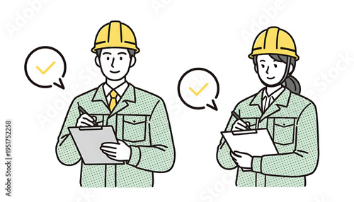 Construction workers in hard hats and safety vests checking clipboards with approval checkmarks featuring clipboard, pen, checklist with checkmark