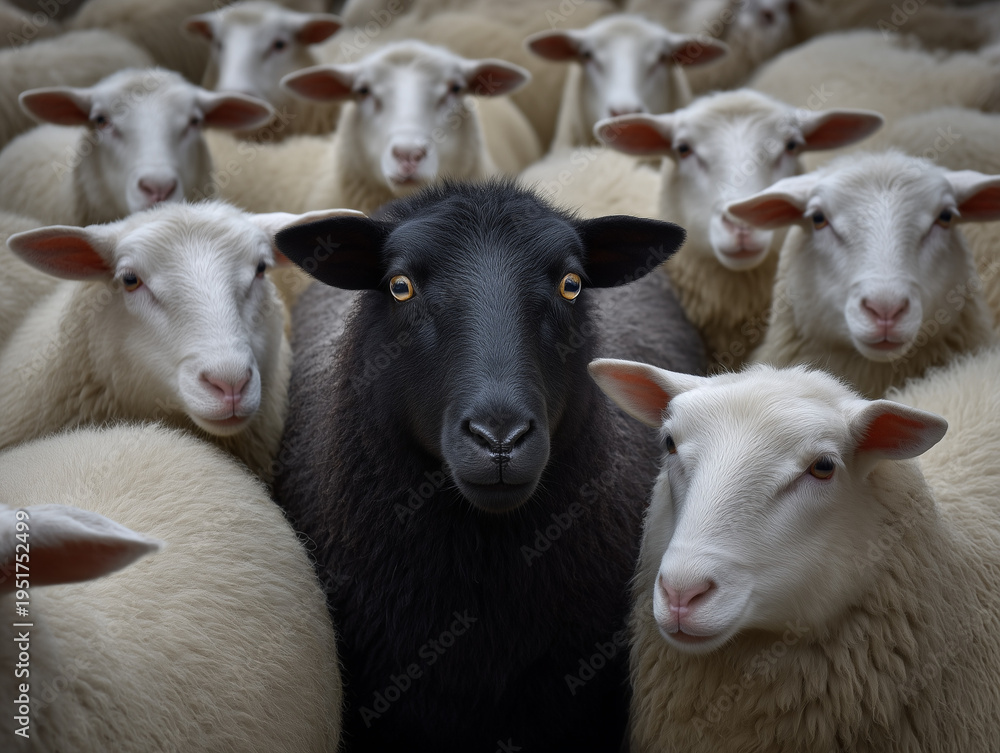 Fototapeta premium Black sheep standing out from white herd