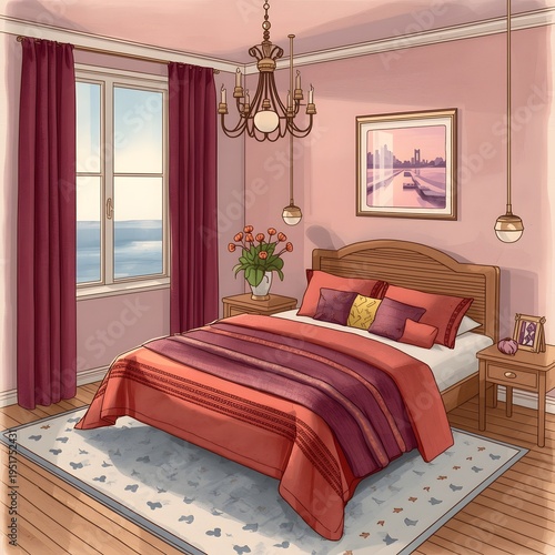 Watercolor illustration of a bedroom with a cozy bed covered with layered bedding in red and pink tones.