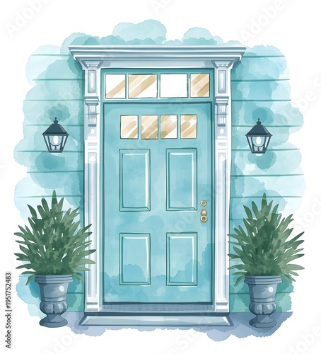 Watercolor illustration of residential front entrance door in blue tones, decorated by two outdoor lanterns and potted plants.
