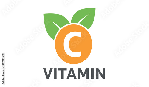 Vitamin C logo with orange and green leaves on white background