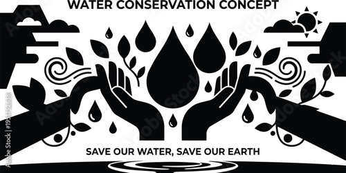 Water conservation concept with silhouette hands holding large water drops and plant leaves to promote saving our earth and eco friendly environmental awareness.