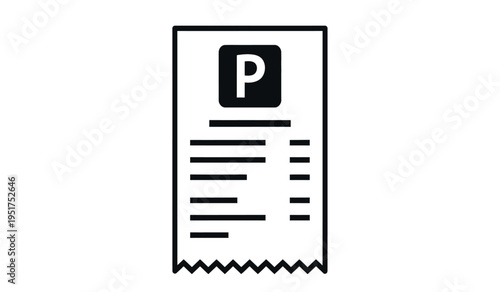 Parking receipt icon with lines and P symbol on white